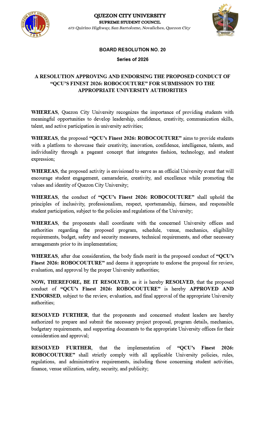 First page of Board Resolution No. 20: Board of Resolution No. 20
