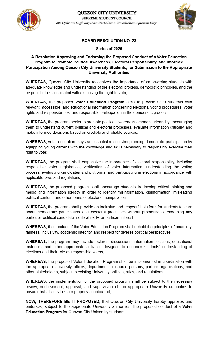 First page of Board Resolution No. 23: Board of Resolution No. 23