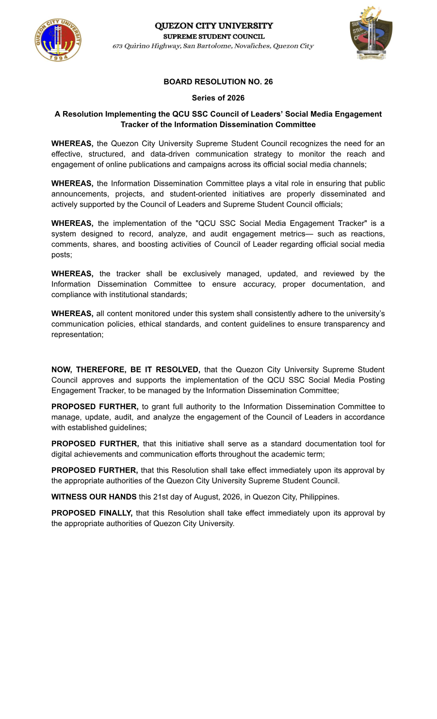 First page of Board Resolution No. 26