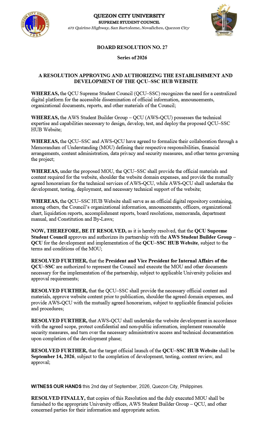 First page of Board Resolution No. 27: Board of Resolution No. 27